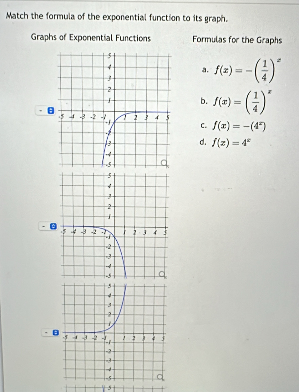 Match the formula of the exponential function to its graph.
Graphs of Exponential Functions Formulas for the Graphs
a. f(x)=-( 1/4 )^x
b. f(x)=( 1/4 )^x.
C. f(x)=-(4^x)
d. f(x)=4^x
-
.