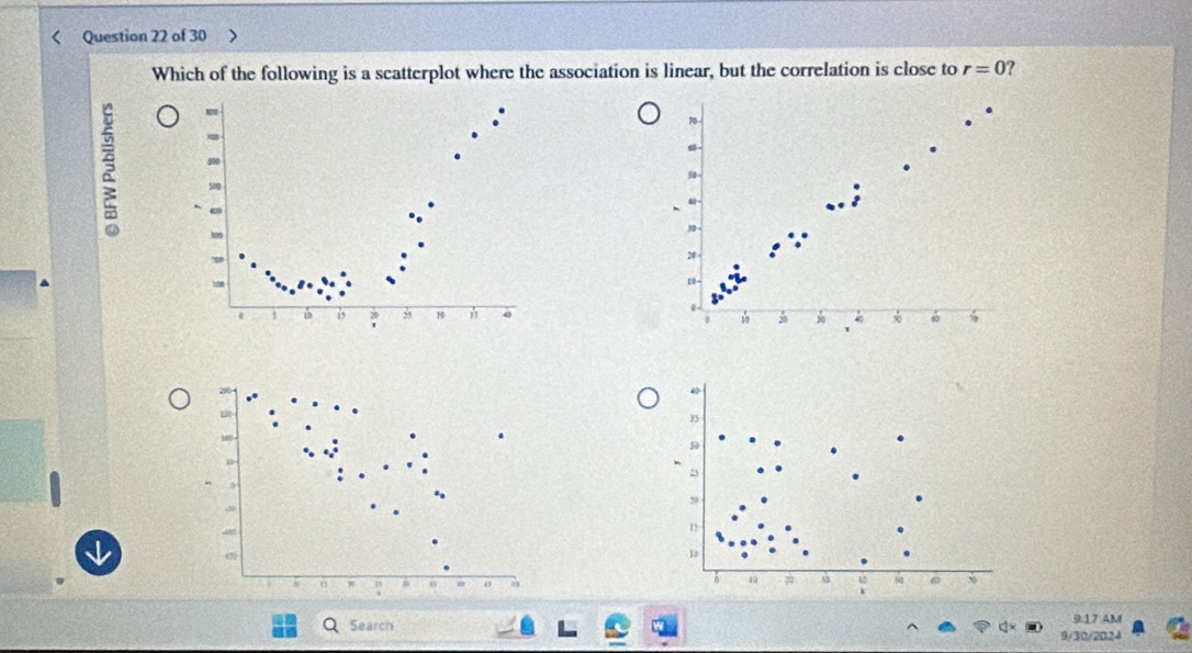 Which of the following is a scatterplot where the association is linear, but the correlation is close to r=0 ?
70
20
10 -
3 i 5 10 60
10 20 30
28
”
50
, 
a 
D
1
n 
a 
o 
u sa 6
9:17 4M 
Search 9/30/2B24