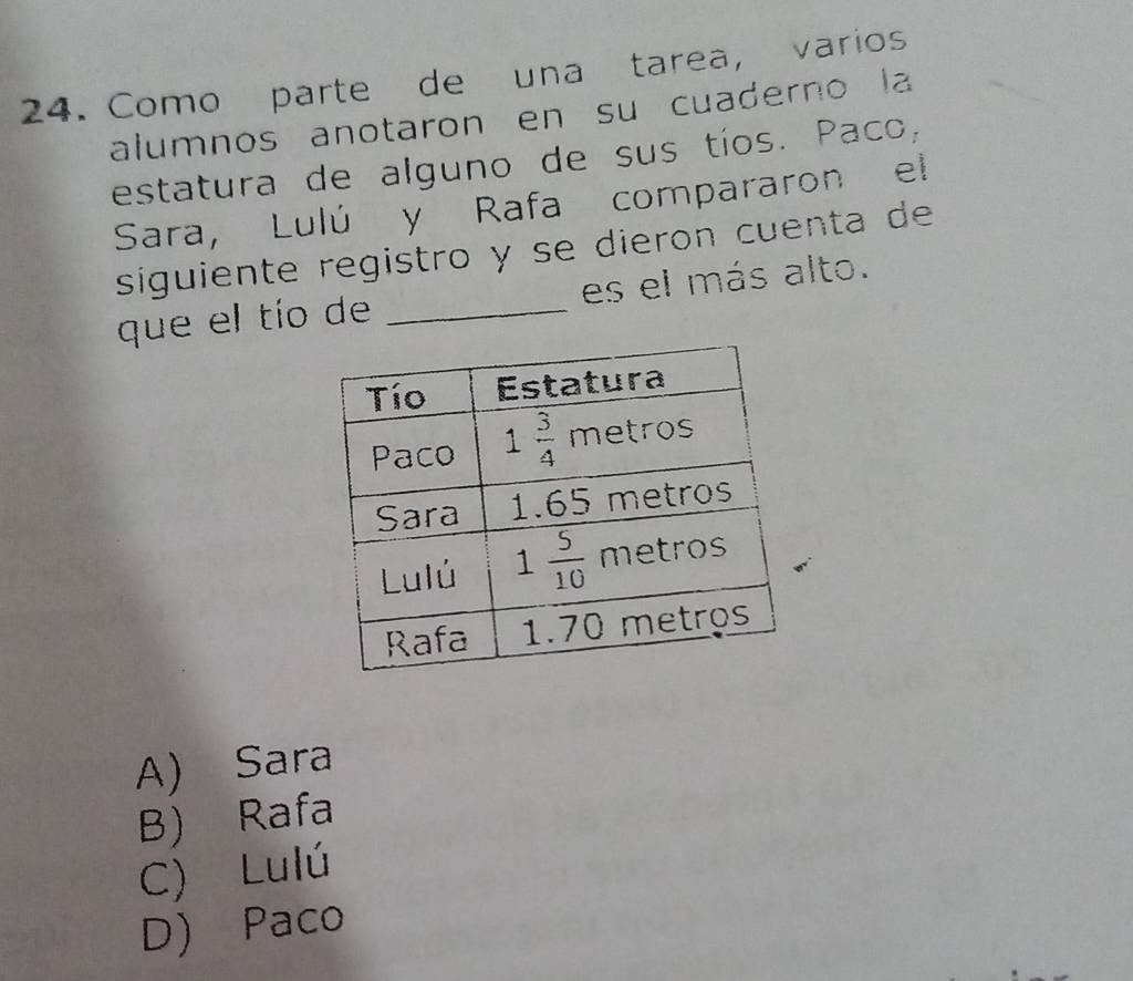 Como parte de una tarea, varios
alumnos anotaron en su cuaderno la
estatura de alguno de sus tíos. Paco,
Sara, Lulú y Rafa compararon el
siguiente registro y se dieron cuenta de
que el tío de _es el más alto.
A) Sara
B) Rafa
C) Lulú
D) Paco