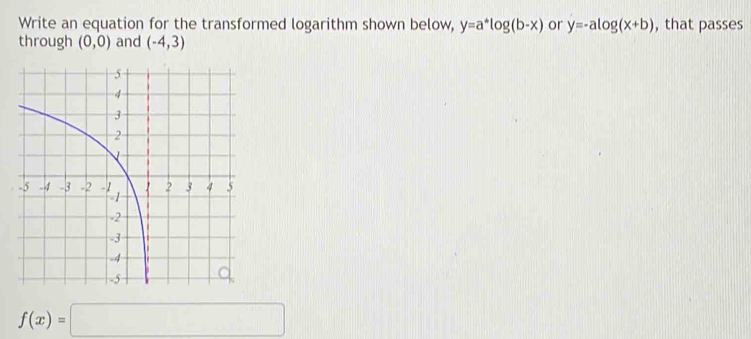 Write an equation for the transformed logarithm shown below, y=a^*log (b-x) or y=-alog (x+b) , that passes 
through (0,0) and (-4,3)
f(x)=□