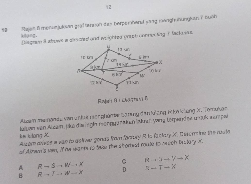 12
19 Rajah 8 menunjukkan graf terarah dan berpemberat yang menghubungkan 7 buah
kilang.
Diagram 8 shows a directed and weighted graph connecting 7 factories.
Rajah 8 / Diagram 8
Aizam memandu van untuk menghantar barang dari kilang R ke kilang X. Tentukan
laluan van Aizam, jika dia ingin menggunakan laluan yang terpendek untuk sampai
ke kilang X.
Aizam drives a van to deliver goods from factory R to factory X. Determine the route
of Aizam's van, if he wants to take the shortest route to reach factory X.
C Rto Uto Vto X
A Rto Sto Wto X
D Rto Tto X
B Rto Tto Wto X