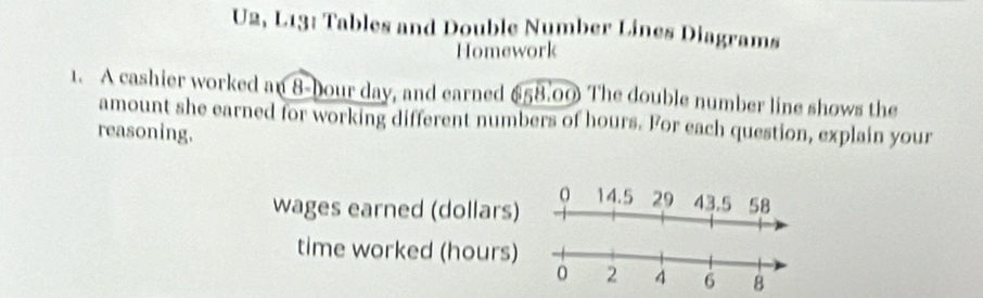 U2, L13: Tables and Double Number Lines Diagrams 
Homework 
1. A cashier worked an 8 -bour day, and earned 658.00 The double number line shows the 
amount she earned for working different numbers of hours. For each question, explain your 
reasoning. 
wages earned (dollars 
time worked (hours