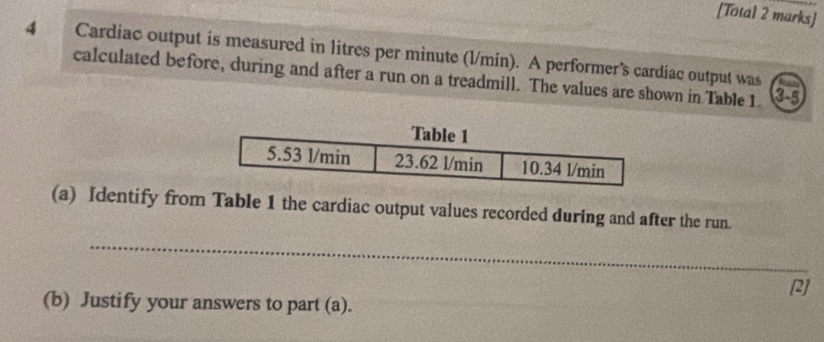 [Total 2 marks] 
4 Cardiac output is measured in litres per minute (l/min). A performer’s cardiac output was 
calculated before, during and after a run on a treadmill. The values are shown in Table 1 35
(a) Identify from Table 1 the cardiac output values recorded during and after the run. 
_ 
[2] 
(b) Justify your answers to part (a).