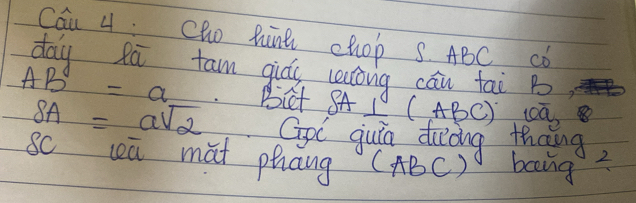 Cai 4:Cho hnt chop S. ABC CD 
day Rú tam qiás lelong cān tai B,
AB=a Bit SA _ (-1)^((ABC)) loa,
SA=asqrt(2) GpC guin diòng thang 
8C leā màt phang (ABC) boang?