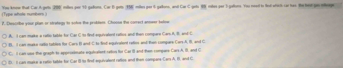 You know that Car A gets 200' miles per 10 gallons, Car B gets 156' miles per 6 gallons, and Car C gets 69 miles per 3 gallons. You need to find which car has the best gas mileage
(Type whole numbers.)
7. Describe your plan or strategy to solve the problem. Choose the correct answer below.
A. I can make a ratio table for Car C to find equivalent ratios and then compare Cars A, B, and C.
B. I can make ratio tables for Cars B and C to find equivalent ratios and then compare Cars A, B, and C.
C. I can use the graph to approximate equivalent ratios for Car B and then compare Cars A, B, and C
D. I can make a ratio table for Car B to find equivalent ratios and then compare Cars A, B, and C.