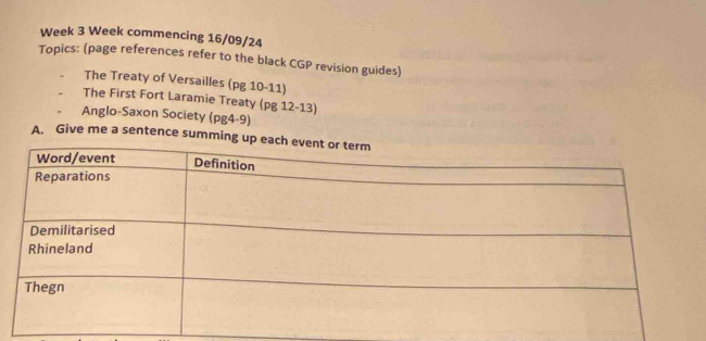 Week 3 Week commencing 16/09/24 
Topics: (page references refer to the black CGP revision guides) 
The Treaty of Versailles (pg 10-11) 
The First Fort Laramie Treaty (pg 12-13) 
Anglo-Saxon Society (pg4-9) 
A. Give me a sentence summing up e