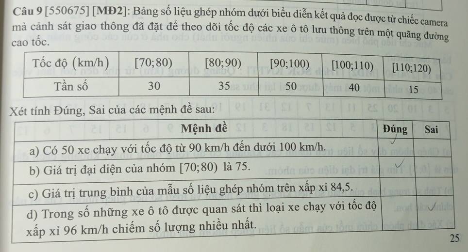 [550675] [MĐ2]: Bảng số liệu ghép nhóm dưới biểu diễn kết quả đọc được từ chiếc camera
mà cảnh sát giao thông đã đặt để theo dõi tốc độ các xe ô tô lưu thông trên một quãng đường
cao that Oc.
Xét tính Đúng, Sai của các mệnh đề sau: