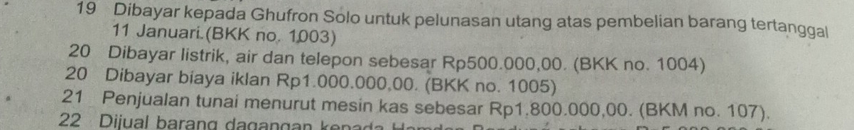 Dibayar kepada Ghufron Solo untuk pelunasan utang atas pembelian barang tertanggal 
11 Januari.(BKK no. 1003) 
20 Dibayar listrik, air dan telepon sebesar Rp500.000,00. (BKK no. 1004) 
20 Dibayar biaya iklan Rp1.000.000,00. (BKK no. 1005) 
21 Penjualan tunai menurut mesin kas sebesar Rp1.800.000,00. (BKM no. 107).