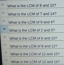 1 
1 
1 
What is the LCM of 12 and 16?