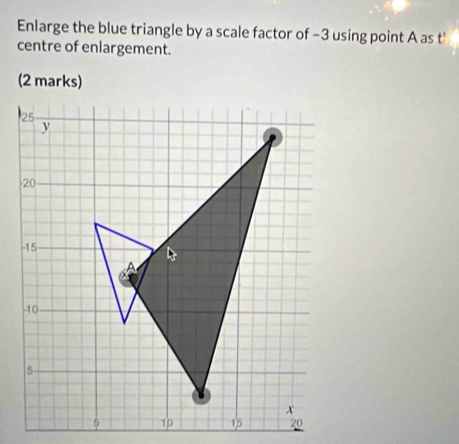 Enlarge the blue triangle by a scale factor of -3 using point A as t' 
centre of enlargement. 
(2 marks)