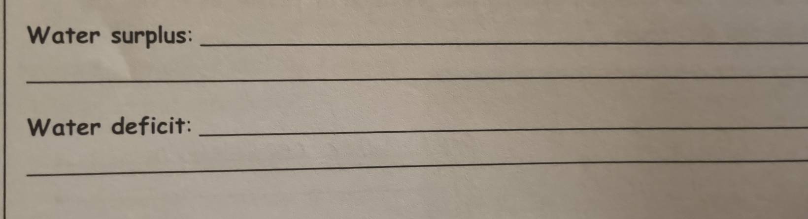 Water surplus:_ 
_ 
Water deficit:_ 
_