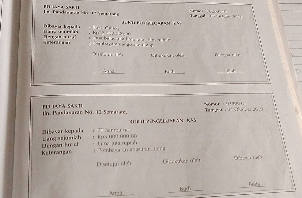 PD JAYA SAKTI Nomor : 02/KK/10 
In. Pandanaran No. 12 Semarang Tanggal : 03 Oktober 2010
BÜKTI PENGELÜARAN KAS 
Dibayar kepada : Toko Galaxy 
Uang sejumlah ： Rp12.500.000.00
Dengan huruf : Dua belas juta lima ratus ribu rupiah 
Keterangan ： Pembayaran angsuran utang 
Disetujui oleh Dibukukan oleh Dibayar oleh 、 
_Anna _Budi _Bella 
PD JAYA SAKTI Nomor : 03/KK/10 
JIn. Pandanaran No. 12 Semarang Tanggal : 04 Oktober 2010
BÜKTI PENGELUARAN KA 
Dibayar kepada : PT Sampurna 
Uang sejumlah ： Rp5.000.000,00
Dengan huruf : Lima juta rupiah 
Keterangan : Pembayaran angsuran utang 
Disetujui oleh Dibukukan oleh Dibayar oleh 
_ 
Budi_ _Bella_ 
_Anna