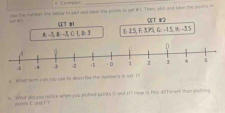 Examples:_ 
Use the number line below to plot and label the points in set #1. Then, plot and label the points in 
sel #2. SET #2 
SET #1 
A: -5, B: -3, C: 1, D: 3 E: 2.5, F : 3.75, G: -1.5, H: -3.5
a. What term can you use to describe the numbers in set 1? 
b. What did you notice when you plotted points G and H? How is this different than plotting 
points E and F?