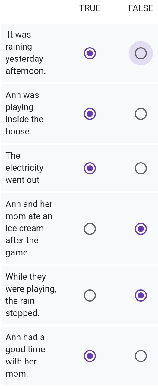 TRUE FALSE
It was
raining
yesterday
afternoon.
Ann was
playing
inside the
house.
The
electricity
went out
Ann and her
mom ate an
ice cream
after the
game.
While they
were playing,
the rain
stopped.
Ann had a
good time
with her
mom.