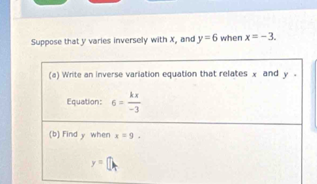 Suppose that y varies inversely with X, and y=6 when x=-3.