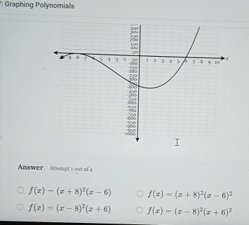 Graphing Polynomials
Answer Attempt t out of 4
f(x)=(x+8)^2(x-6) f(x)=(x+8)^2(x-6)^2
f(x)=(x-8)^2(x+6) f(x)=(x-8)^2(x+6)^2