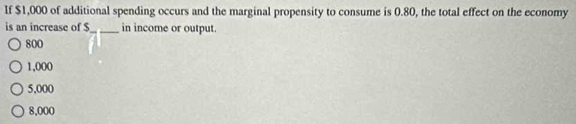 If $1,000 of additional spending occurs and the marginal propensity to consume is 0.80, the total effect on the economy
is an increase of $ _ in income or output.
800
1,000
5,000
8,000