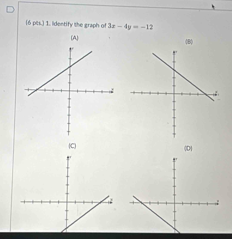 (6 pts.) 1. Identify the graph of 3x-4y=-12
(A)
(B)
(C) (D)