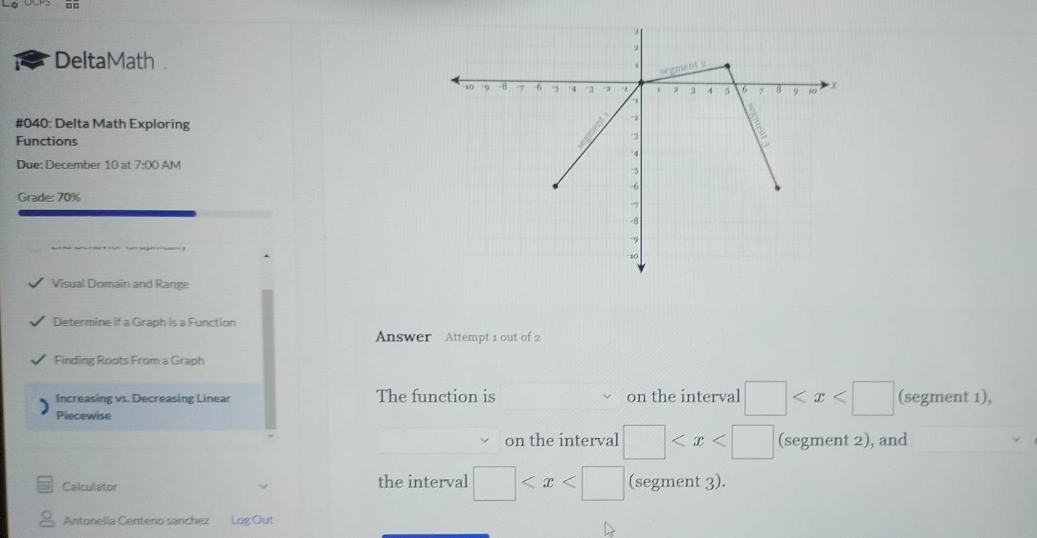 □ □ 
DeltaMath . 
#040: Delta Math Exploring 
Functions 
Due: December 10 at 7:00 AM 
Grade: 70% 
Visual Domain and Range 
Determine if a Graph is a Function 
Answer Attempt 1 out of 2 
Finding Roots From a Graph 
Increasing vs. Decreasing Linear The function is on the interval □ (segment 1), 
Piecewise 
on the interval □ (segment 2), and 
Calculator the interval □ (segment 3). 
Antonella Centeno sanchez Log Out