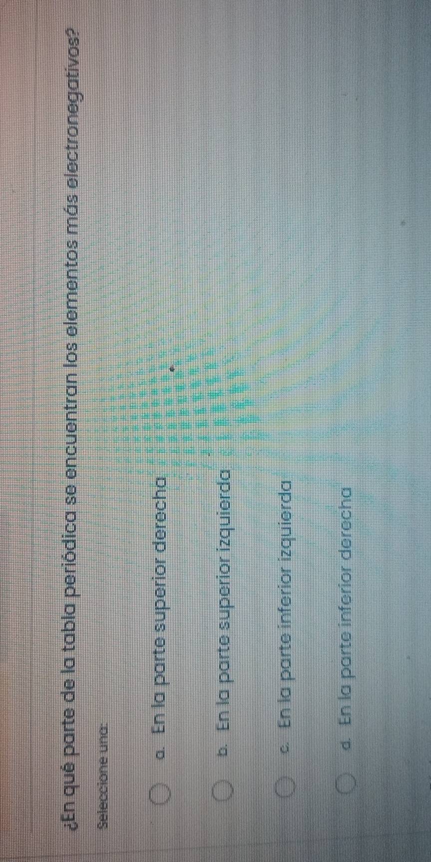 ¿En qué parte de la tabla periódica se encuentran los elementos más electronegativos?
Seleccione una:
a. En la parte superior derecha
b. En la parte superior izquierda
c. En la parte inferior izquierda
d. En la parte inferior derecha