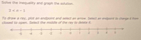 Solive the inequallity and graph the solution.
3
To draw a ray, plot an endpoint and select an arrow. Select an endpoint to charge it firm 
closed to open. Select the middle of the ray to delete it.