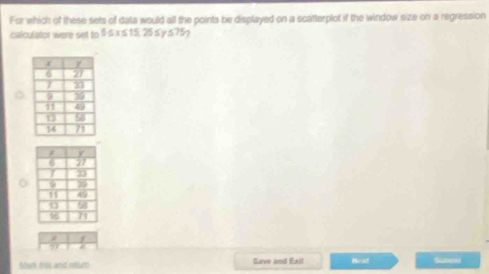 For which of these sets of data would all the points be displayed on a scatterplot if the window size on a regression 
calculator were set to 6≤ x≤ 15,25 ≤ y≤ 75
a
y
9
Mork fos and rstur Save and Exil Beat Suore