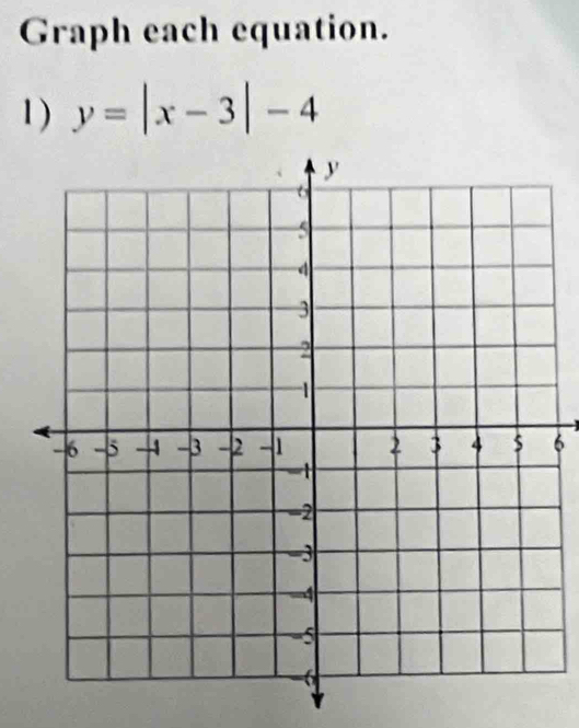 Graph each equation. 
1 ) y=|x-3|-4
6