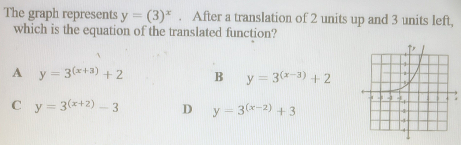 The graph represents y=(3)^x. After a translation of 2 units up and 3 units left,
which is the equation of the translated function?
A y=3^((x+3))+2
B y=3^((x-3))+2
C y=3^((x+2))-3
x
D y=3^((x-2))+3