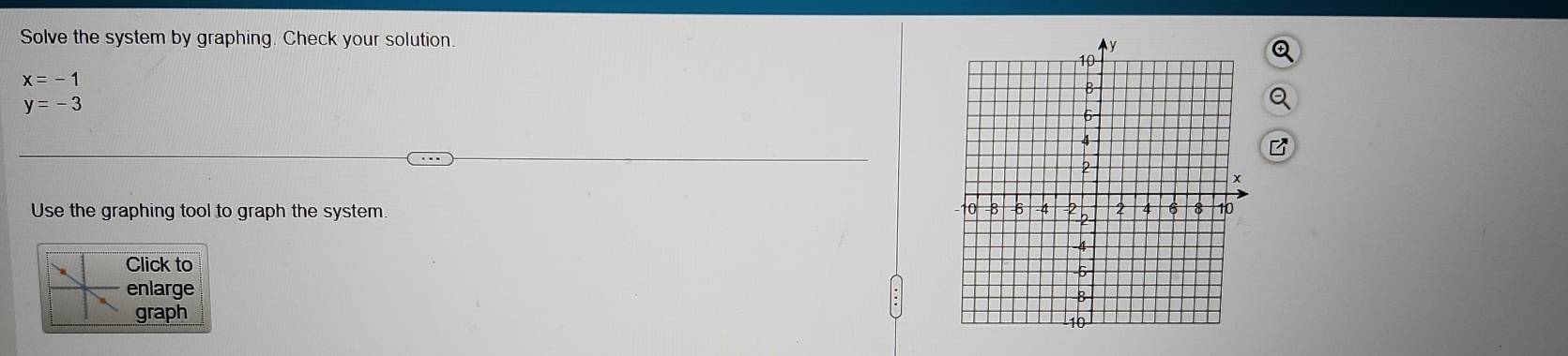Solve the system by graphing. Check your solution.
x=-1
y=-3
Use the graphing tool to graph the system. 
Click to 
enlarge 
graph