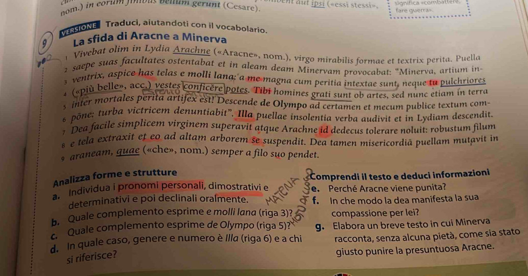 lbent aut ipsi («essi stessi»,
nom.) in eorum jinious beuum gerunt (Cesare).  significa «combatter
fare querra=
VERSIONE Traduci, aiutandoti con il vocabolario.
9  La sfida di Aracne a Minerva
Vivebat olim in Lydia Arachne («Aracne», nom.), virgo mirabilis formae et textrix perita. Puella
2 saepe suas facultates ostentabat et in aleam deam Minervam provocabat: "Minerva, artium in-
3 ventrix, aspice has telas e molli lana; a me magna cum peritia intextae sunt, neque tu pulchriores
4 («più belle», acc.) vestes conficère potes. Tibi homines grati sunt ob artes, sed nunc etiam in terra
s inter mortales perita artifex est! Descende de Olympo ad certamen et mecum publice textum com-
pône; turba victricem denuntiabit”. Illa puellae insolentia verba audivit et in Lydiam descendit.
7 Dea facile simplicem virginem superavit atque Arachne id dedecus tolerare noluit: robustum filum
s e tela extraxit et eo ad altam arborem se suspendit. Dea tamen misericordiā puellam mutavit in
9 araneam, quae («che», nom.) semper a filo suo pendet.
Analizza forme e strutture
C Comprendi il testo e deduci informazioni
a. Individua i pronomi personali, dimostrativi e e. Perché Aracne viene punita?
determinativi e poi declinali oralmente. f. In che modo la dea manifesta la sua
b. Quale complemento esprime e molli lana (riga 3)? compassione per lei?
c. Quale complemento esprime de Olympo (riga 5)? g. Elabora un breve testo in cui Minerva
d. In quale caso, genere e numero è Illa (riga 6) e a chi racconta, senza alcuna pietà, come sia stato
si riferisce?
giusto punire la presuntuosa Aracne.