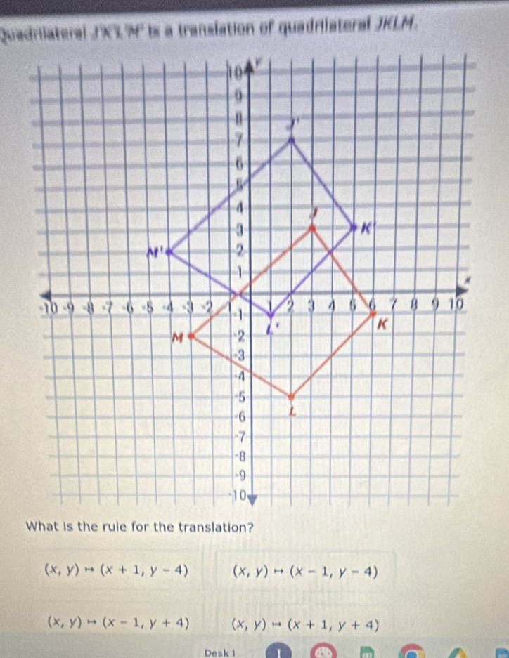 is a translation of quadriateral JKLM.
(x,y)rightarrow (x+1,y-4) (x,y)to (x-1,y-4)
(x,y)rightarrow (x-1,y+4) (x,y)rightarrow (x+1,y+4)
Desk 1 1