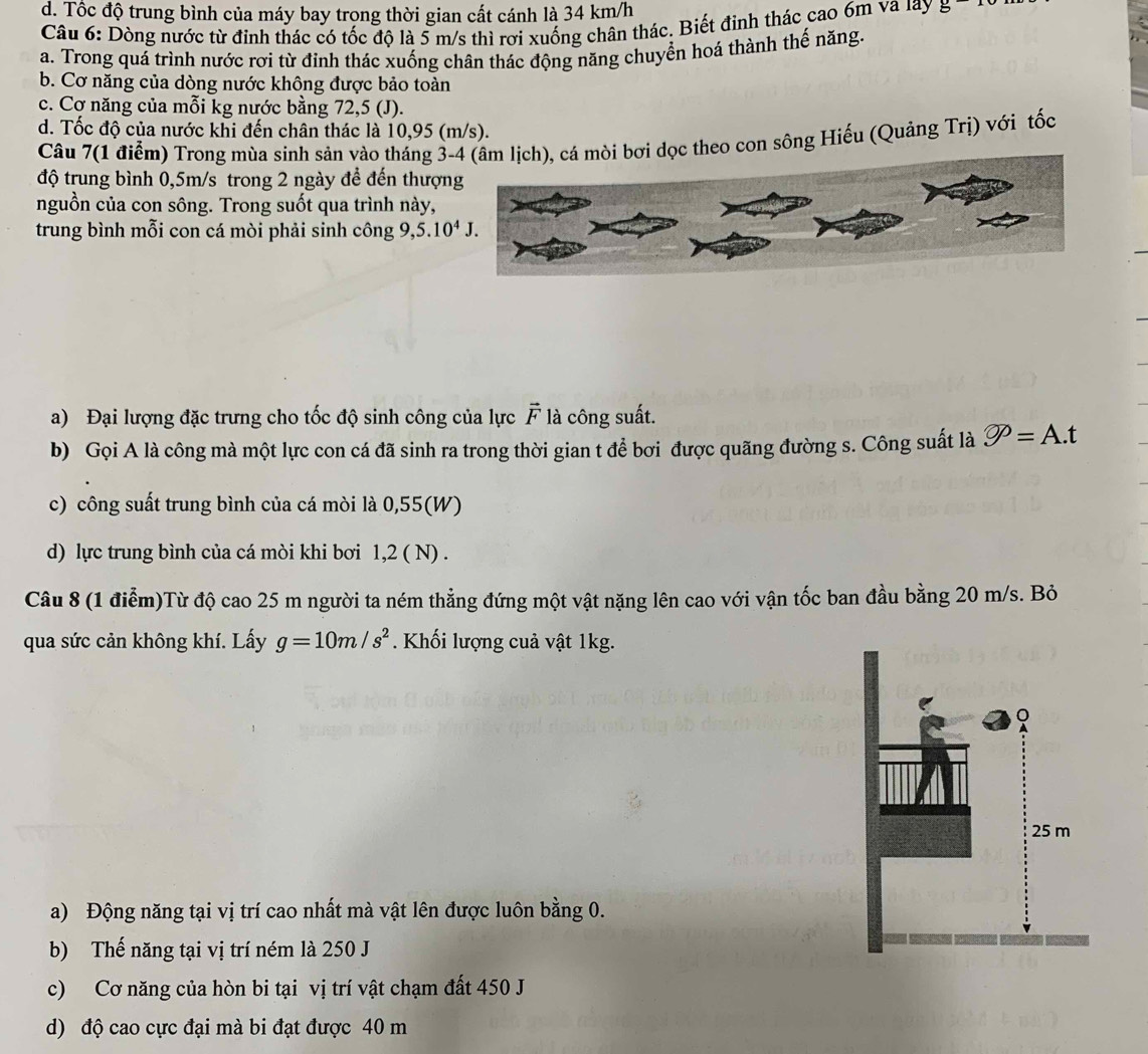 d. Tốc độ trung bình của máy bay trong thời gian cất cánh là 34 km/h
Câu 6: Dòng nước từ đinh thác có tốc độ là 5 m/s thì rơi xuống chân thác. Biết đinh thác cao 6m va lay g-1
a. Trong quá trình nước rơi từ đỉnh thác xuống chân thác động năng chuyển hoá thành thế năng.
b. Cơ năng của dòng nước không được bảo toàn
c. Cơ năng của mỗi kg nước bằng 72,5 (J).
d. Tốc độ của nước khi đến chân thác là 10,95 (m/s).
Câu 7(1 điểm) Trong mùa sinh sản vào tháng 3dọc theo con sông Hiểu (Quảng Trị) với tốc
độ trung bình 0,5m/s trong 2 ngày để đến thượn
nguồn của con sông. Trong suốt qua trình này,
trung bình mỗi con cá mòi phải sinh công ,5.10^4J.
a) Đại lượng đặc trưng cho tốc độ sinh công của lực vector F là công suất.
b) Gọi A là công mà một lực con cá đã sinh ra trong thời gian t để bơi được quãng đường s. Công suất là varnothing =A.t
c) công suất trung bình của cá mòi là 0,55(W)
d) lực trung bình của cá mòi khi bơi 1,2 ( N) .
Câu 8 (1 điễm)Từ độ cao 25 m người ta ném thẳng đứng một vật nặng lên cao với vận tốc ban đầu bằng 20 m/s. Bỏ
qua sức cản không khí. Lấy g=10m/s^2. Khối lượng cuả vật 1kg.
a) Động năng tại vị trí cao nhất mà vật lên được luôn bằng 0.
b) Thế năng tại vị trí ném là 250 J
c) Cơ năng của hòn bi tại vị trí vật chạm đất 450 J
d) độ cao cực đại mà bi đạt được 40 m