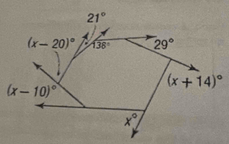 21°
(x-20)^circ  138°
29°
(x-10)^circ 
(x+14)^circ 
x°