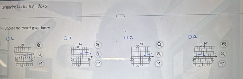 Graph the function f(x)=sqrt(x+5). 
Choose the correct graph below. 
A. 
B. 
C. 
D.