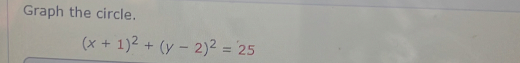 Graph the circle.
(x+1)^2+(y-2)^2=25