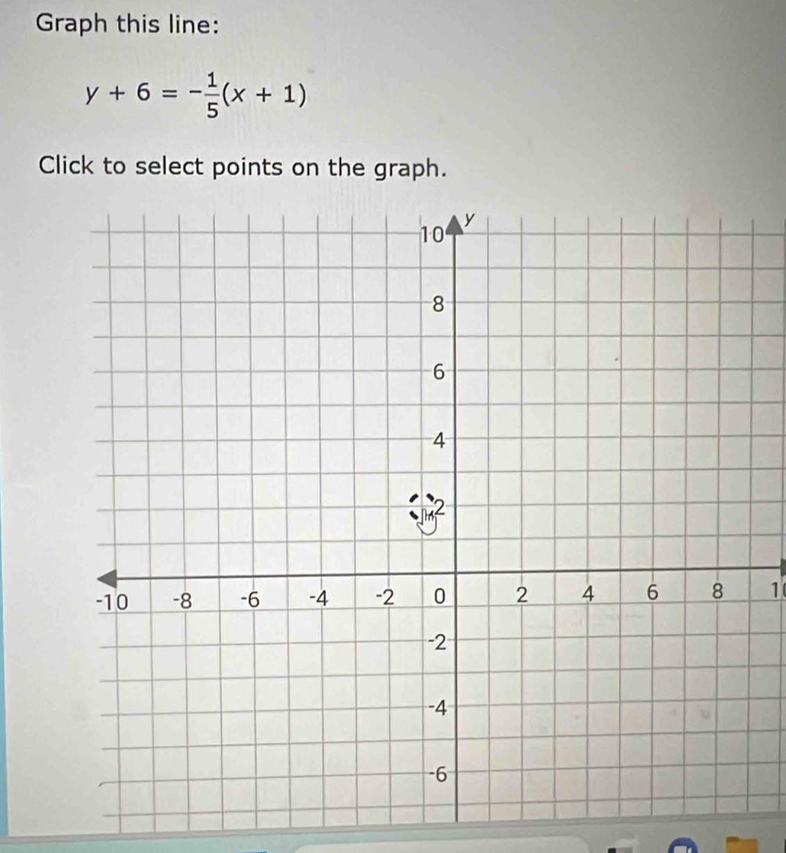 Graph this line:
y+6=- 1/5 (x+1)
Click to select points on the graph.
1