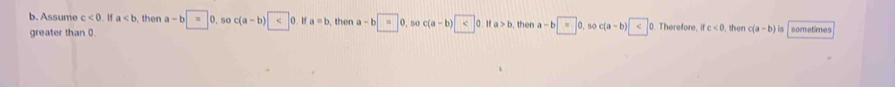 Assume c<0</tex>. 1f a then a-b= 0.so c(a-b) 0. 1f a=b , then a-b 0, so c(a-b) 0 Ifa>b

greater than 0.. then a-b a. 60° c(a-b) 0. Therefore ifc<0</tex> , then c(a-b) i5 sometimes