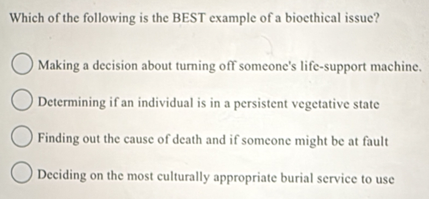 Solved: Which of the following is the BEST example of a bioethical ...