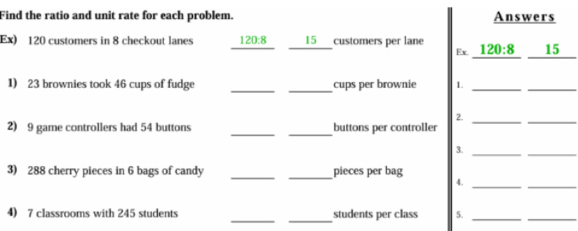 Find the ratio and unit rate for each problem. Answers 
Ex) 120 customers in 8 checkout lanes 120:8 15 customers per lane 120:8 15
Fx. 
__ 
1) 23 brownies took 46 cups of fudge cups per brownie 1._ 
_ 
2. 
__ 
__ 
2) 9 game controllers had 54 buttons buttons per controller 
3._ 
_ 
3) 288 cherry pieces in 6 bags of candy __pieces per bag 
4._ 
_ 
4) 7 classrooms with 245 students __students per class 5._ 
_