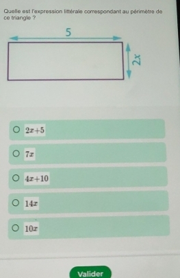 Quelle est l'expression littérale correspondant au périmètre de
ce triangle ?
2x+5
7x
4x+10
14z
10x
Valider