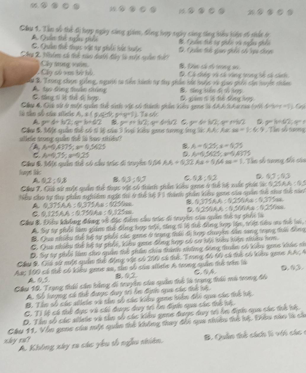 Tầu số thế đị hợp ngày công giám, động hợp ngày công tổng hêu hiện đó nất ở
A Quân thế ngàu phố # Quân đó sự ghối và ngài ghối
C. Quân đhc thục vật sự phii lác luộc D. Quần thế giao phối có lựo chọn
Chu 2. Nhóm có thế nào dưới đấy là mộc quân tế?
Cây trong suẩm
B Bân có ó tưng a
-  Cây có van tù hó. D. Có chếy và có văng trong bố có cáh
Tu 3. Trong chọn giống, người ta đêm hnhh tự dây phân hát tuổc cô giao phối cậu huyết nhân
A. tạo đùng tuân chúng B sáng viên đị tổ hp
C. táng tí lệ thế đị hợp. D giâm tề lễ điể đồng họy
Cầu 4. Cái sử ở một quân thể sih vật có tành phẩn kiểu gic là đã Ac ha n (rếi đa W_p 45
là tân số cún alicle B_20 an m(x°)
A p=4+h2;g= OZ B p=mhv2,g= 112 C 0°
Câu 5. Một quân thể có tí lệ của 3 lại kiểu goe trong ông lác AAc Ac F The otne
aliele trong quân thể là bao nhíều?
A A=0.4375,a=0.5625
B A=0.25,a=0.05
C A=0.15,a=0.25
A=1,562,
Cầu 6. Một quân thế có cầu túc đi tuyển 0,M4 AA + 0, 2Aa+0,0Aaa=1 Vên số tương bối của
A 0.2:0.8
Co
B. 0,3,6,7 8:02 121:03
Cầu 7. Cái sử một quản thể thực vật có tịành phẩn hiểu guac ở thể hệ xuất phát arccos (120)+0.40=(125
Nếu cho tự thy phầ nghiệm ngh thi ở thể hệ F1 thành phần kiểu gic của quân thế như thế nào
A 1031 : 0375Aa :  021N
B
D
C 0.125A A : 0.750Aa : 0,125æ 2x
h 
Cầu 3. Điều không đóng về đặc diêm cầu túc đi tayên của quần tế tự pối
A. Sự sự phối làm gián thế đồng hợp tới, tíng tí lệ thế đồng hợp lận, tiệ tiêu cu tỉ
B. Qua nhiều tể hệ tự phối các geac ở trạng thái dị hợp chuyên dân sang trạng 1
C. Qua nhiều tể hệ tự phối, kiểu geac đồng hợp có cơ hội hêu hện nhều hơn.
D. Sự tự phối làm cho quân thế phân chúa thành những đong tuân có kiêu genc khác n
Cầu 9. Cú sử một quân thế động vật có 200 có thế. Trong đó 60 có thế có kiếu gunc
Aa; 100 có thể có kiểu gene aa, tân số của diele A trong quân thể vên là
AOS BO2 cor
Câu 10. Trạng thái cần bằng di tryên của quân thể là trạng thấi mô trong đó
A. Số lượng có thể được duy tì ôn địh qua các thể hệ
B. Tân số các dicle và tân số các kiểu gene biến đối qụa các thế hệ,
C. Tỉ lệ cá thể dục và chi được duy tri ôn đựh qựa các thế hệ,
D. Tân số các diele và tân số các kiểu gene được day tổ ôn đợn qựa các thế hệ
Câu 11. Vốn gene của một quân thể không tray đếi qựa nhiều thể kệ, Điều nào là ch
nhay su 
A. Không xây ra các yêu tổ ngầu thiên. B. Quần thể cách h với các c