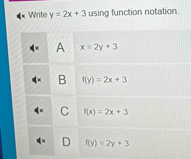 × Write y=2x+3 using function notation.