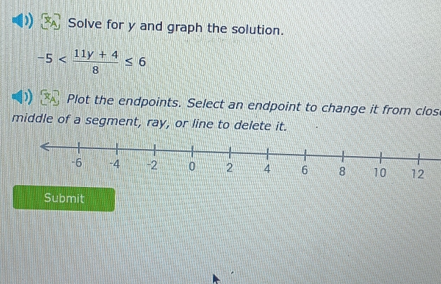 Solve for y and graph the solution.
-5
Plot the endpoints. Select an endpoint to change it from clos 
middle of a segment, ray, or line to delete it. 
Submit