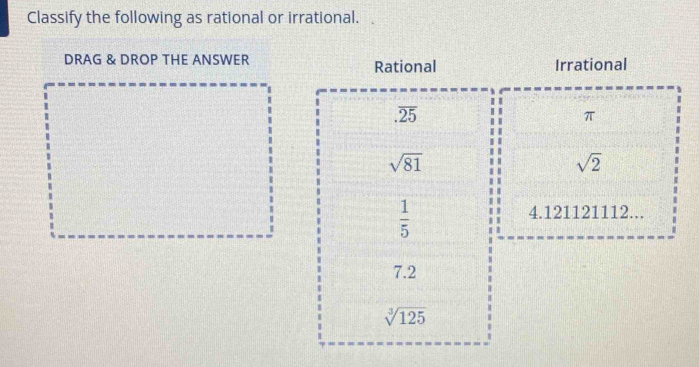 Classify the following as rational or irrational.
DRAG & DROP THE ANSWER