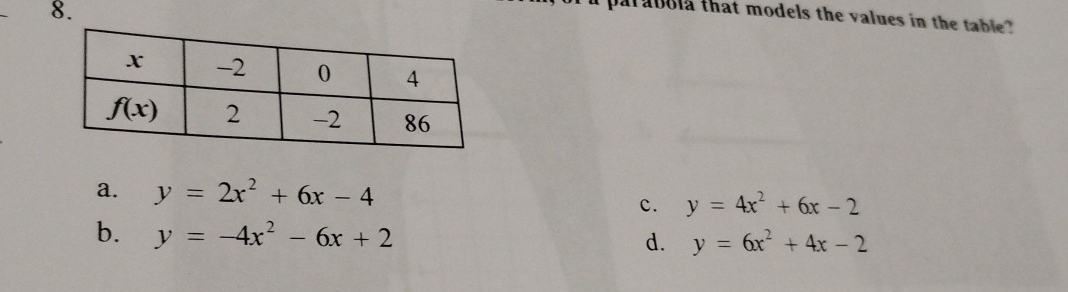 parabola that models the values in the table?
a. y=2x^2+6x-4 c. y=4x^2+6x-2
b. y=-4x^2-6x+2
d. y=6x^2+4x-2