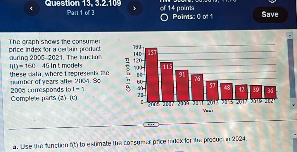 Question 13, 3.2.109 
of 14 points 
Part 1 of 3 Save 
Points: 0 of 1 
The graph shows the consumer 
price index for a certain product 
during 2005-2021. The function
f(t)=160-45ln t models 
these data, where t represents the 
number of years after 2004. So
2005 corresponds to t=1. 
Complete parts (a)-(c). 
a. Use the function f(t) to estimate the consumer price index for the product in 2024.