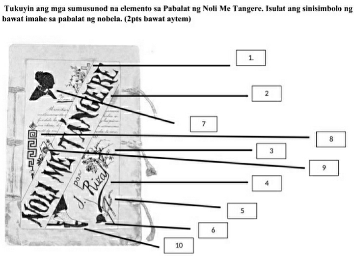 Tukuyin ang mga sumusunod na elemento sa Pabalat ng Noli Me Tangere. Isulat ang sinisimbolo ng 
bawat imahe sa pabalat ng nobela. (2pts bawat aytem) 
10