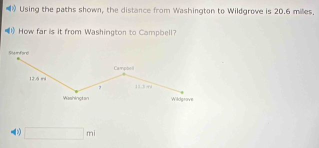 Using the paths shown, the distance from Washington to Wildgrove is 20.6 miles.
How far is it from Washington to Campbell?
D □ mi