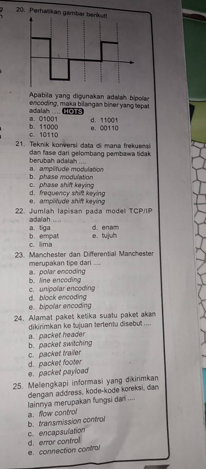 Perhatikan gambar berikut!
Apabila yang digunakan adalah bipolar
encoding, maka bilangan biner yang tepat
adalah .... HOTS
a、 01001 d. 11001
b. 11000 e. 00110
c. 10110
21. Teknik konversi data di mana frekuensi
dan fase dari gelombang pembawa tidak
berubah adalah ....
a. amplitude modulation
b. phase modulation
c. phase shift keying
d.frequency shift keying
e. amplitude shift keying
22. Jumlah lapisan pada model TCP/IP
adalah ..
a. tiga d. enam
b. empat e. tujuh
c. lima
23. Manchester dan Differential Manchester
merupakan tipe dari ....
a. polar encoding
b. line encoding
c. unipolar encoding
d. block encoding
e. bipolar encoding
24. Alamat paket ketika suatu paket akan
dikirimkan ke tujuan tertentu disebut ....
a. packet header
b. packet switching
c. packet trailer
d. packet footer
e. packet payload
25. Melengkapi informasi yang dikirimkan
dengan address, kode-kode koreksi, dan
lainnya merupakan fungsi dari ....
a. flow control
b. transmission control
c. encapsulation
d. error control
e. connection control