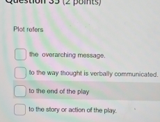 Plot refers
the overarching message.
to the way thought is verbally communicated.
to the end of the play
to the story or action of the play.